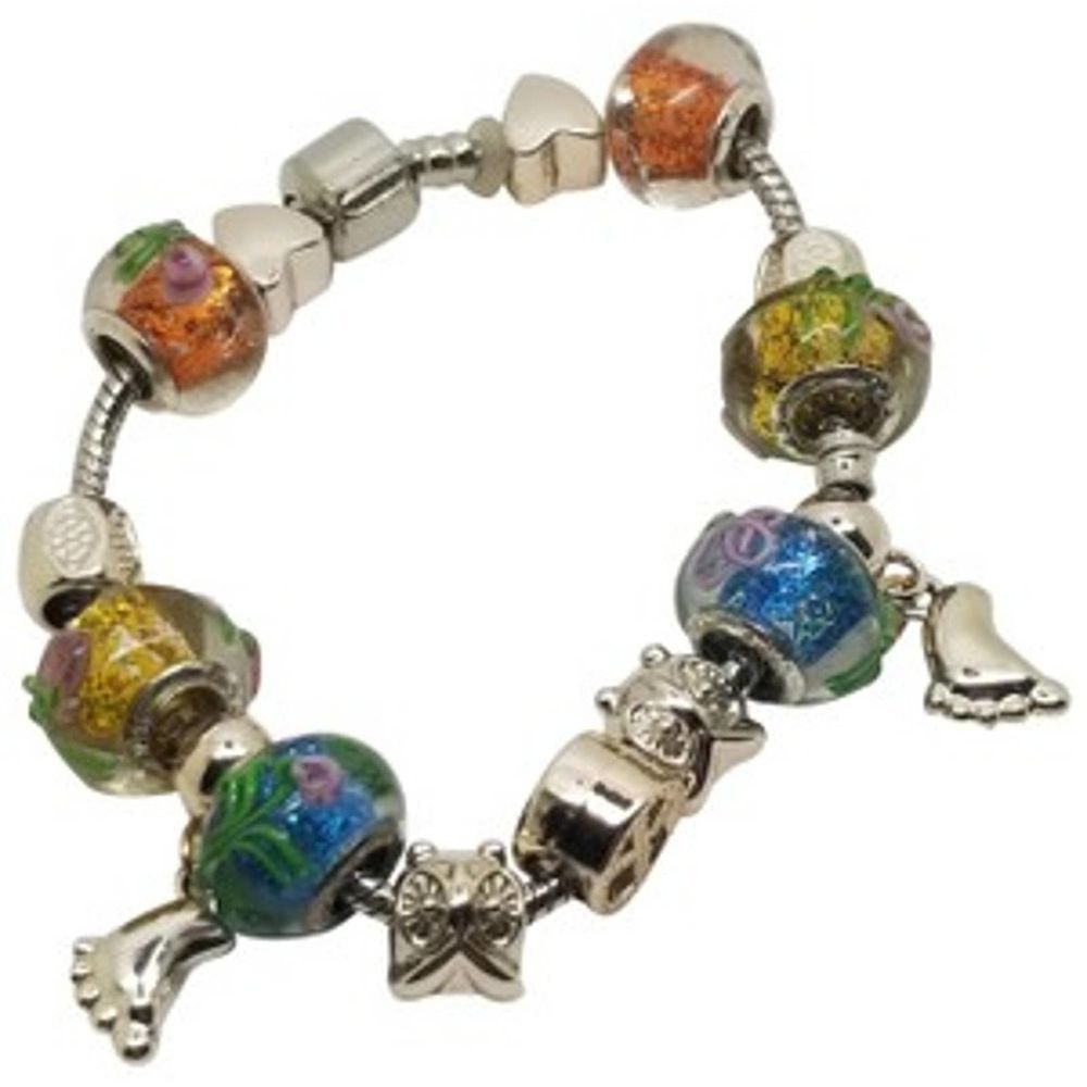 Peace Charm Murano Glass Bracelet Glass and Silver Tone Beads Snake Chain sz 7.5